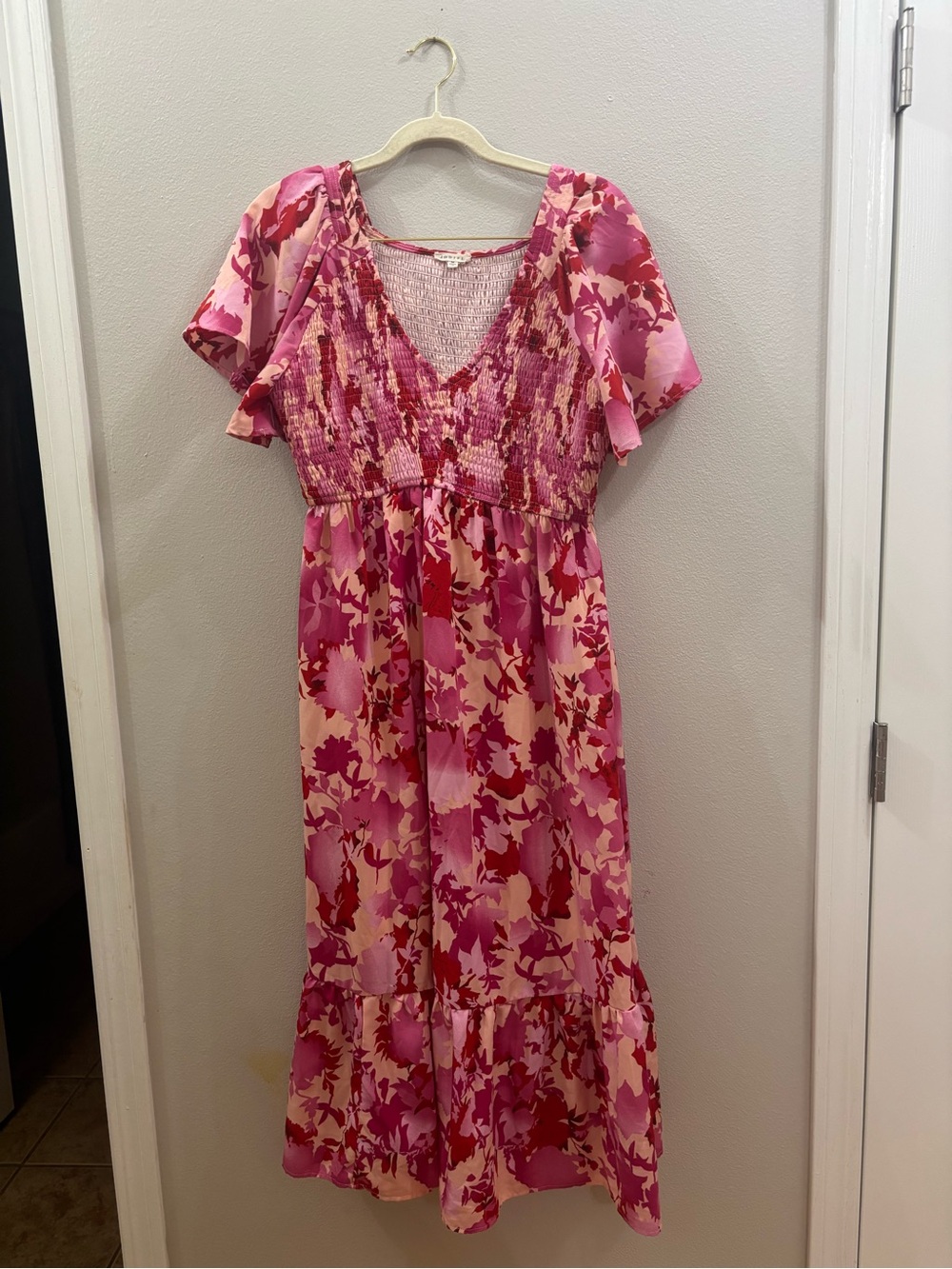 JODIFL Pink Floral Smocked Maxi Dress
